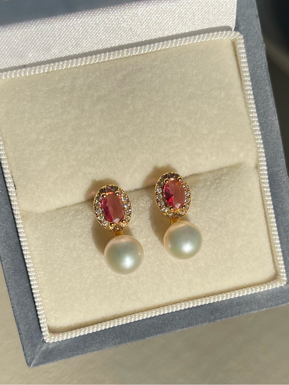 Freshwater Pearl Drop Earrings with Ruby-Red Accents 925 silver posts